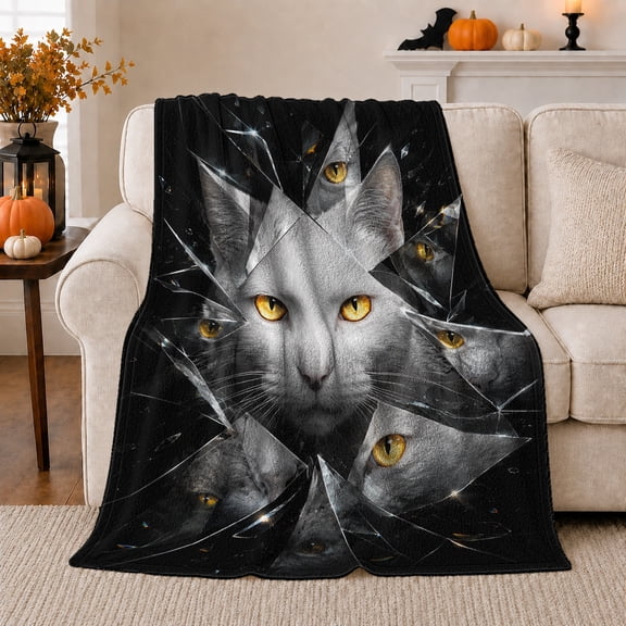 Shattered Glass Gray Cat Portrait Autumn Living Room, Dramatic Pet Portrait Pattern, Warm Flannel Blanket for Living Room and Bedroom, Cat Lovers autumn celebration Gift, Pet Lover Home Decor