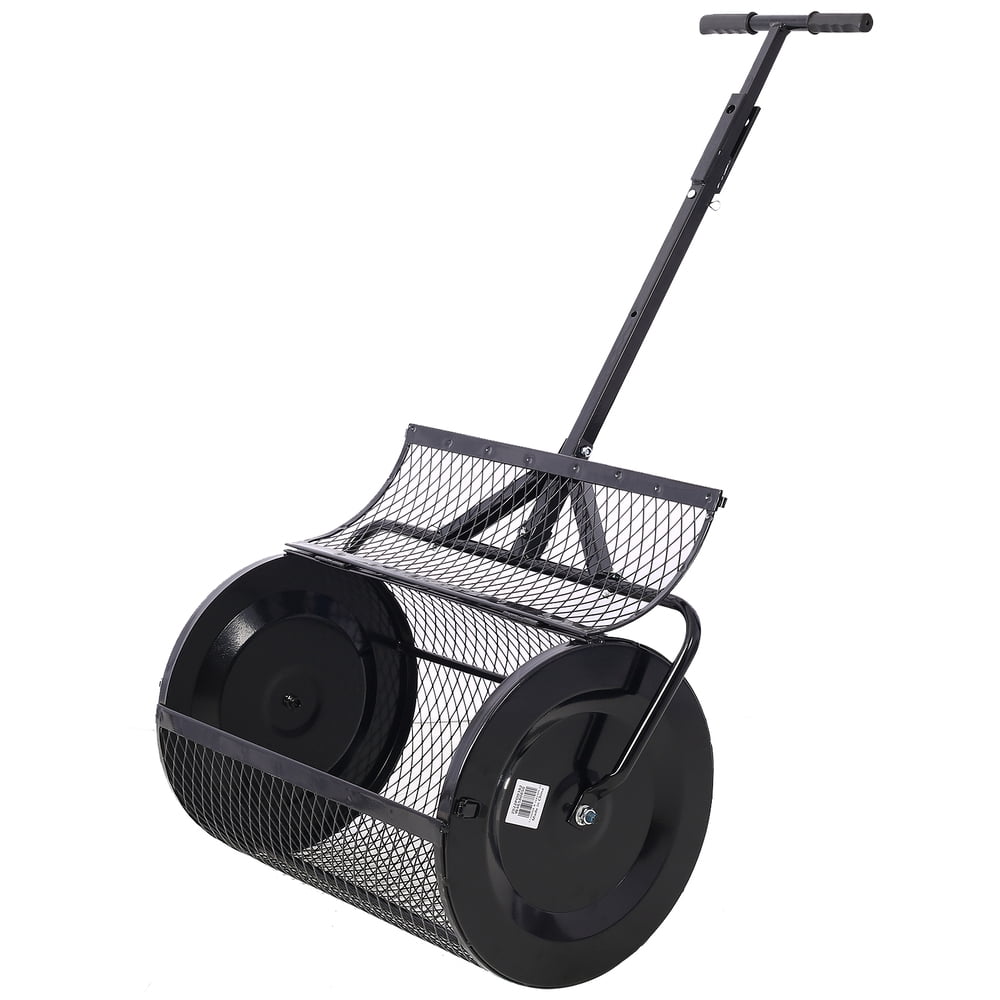 36 Inch Peat Moss Spreader, Metal Mesh Compost Spreader, 2-in-1 ATV / Walk-Behind with T‑Shaped Handle, Heavy Duty Lawn & Garden Manure Roller