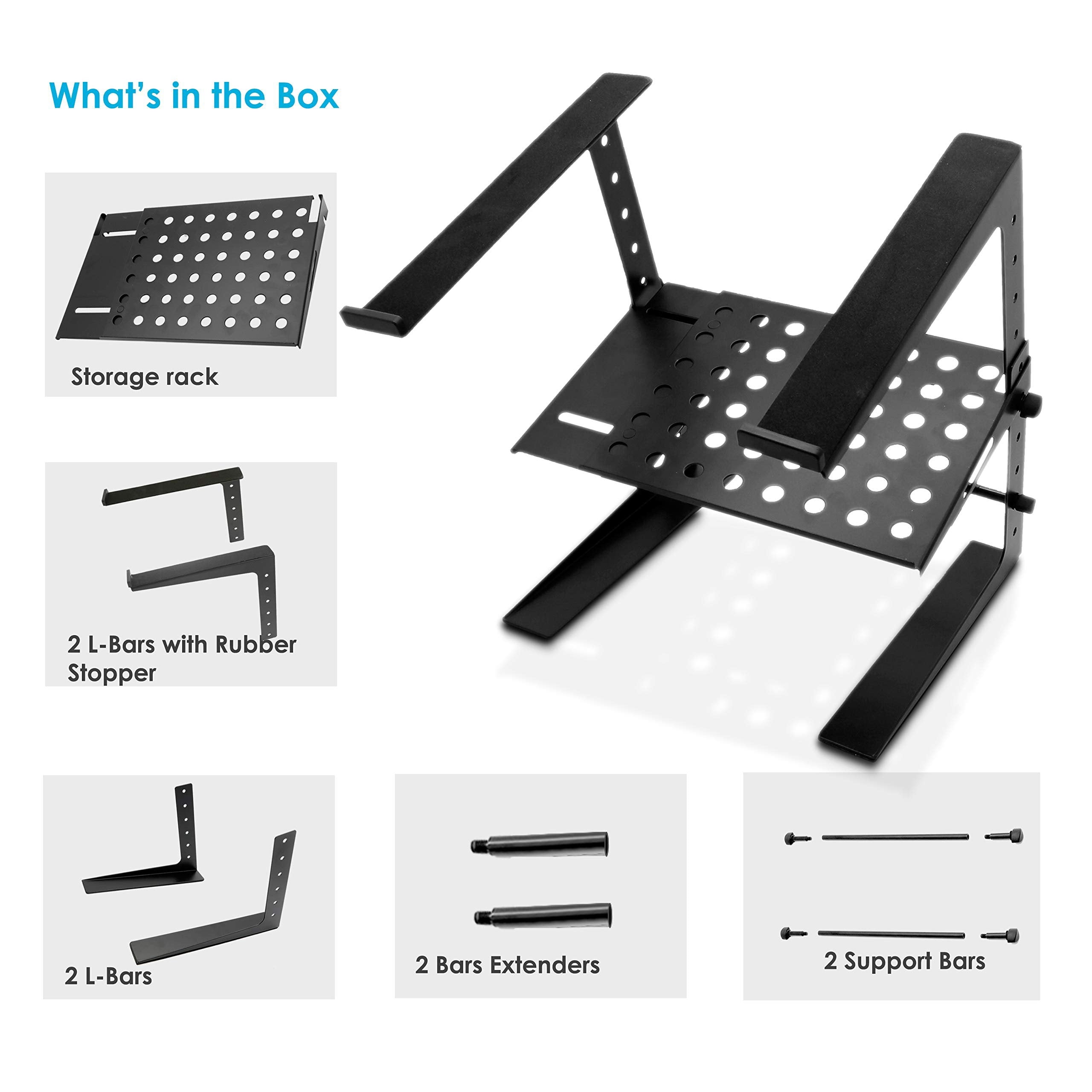 Pyle Portable Adjustable Laptop Stand - 6.3 to 10.9 Inch Standing Table Monitor or Computer Desk Workstation Riser with Shelf Storage and Height Alignment for DJ, PC, Gaming, Home or Office - PLPTS26