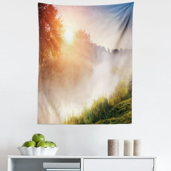 Nature Tapestry, Beaming Sun Rays Through Foggy Mountainside with Grass Trees Sunshine Sunrise Leaves, Fabric Wall Hanging Decor for Bedroom Living Room Dorm, 5 Sizes, Multicolor, by Ambesonne