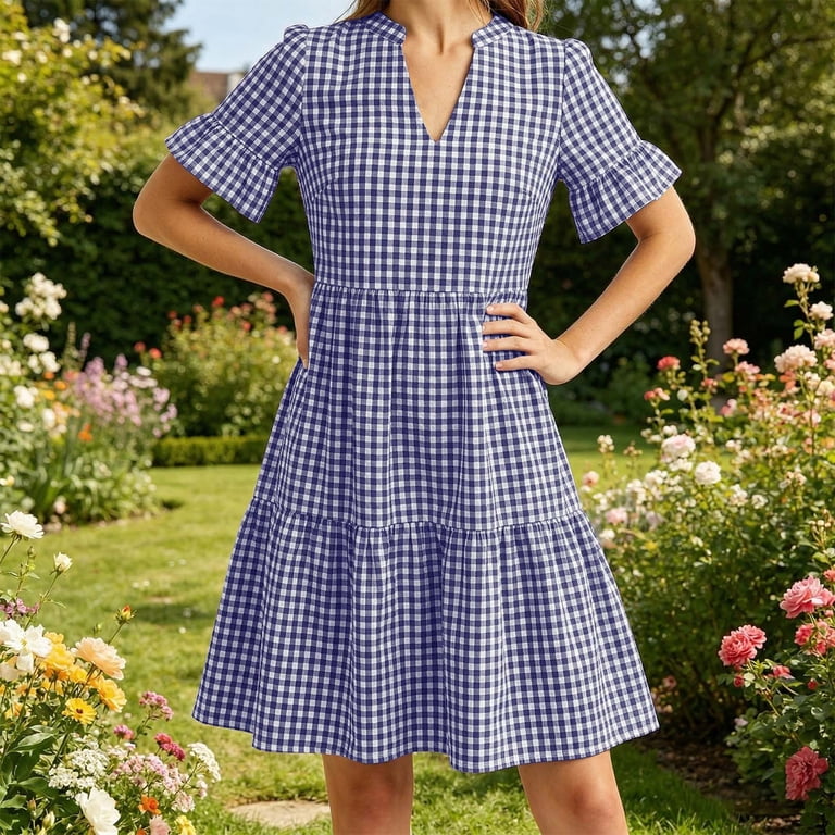 Womens Summer Dress with Pockets Striped/Plaid V Neck Ruffle Tiered Short Sleeve Casual Holiday A-line Dress (L, Blue|Plaid)