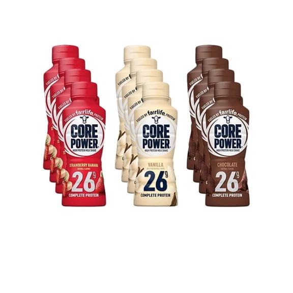 Fairlife Core Power 26g High Protein Milk Shakes Variety 12 Pack 14 Fl Oz- Vanilla, Chocolate, Strawberry Bananna - Ready to Drink for Workout Recovery