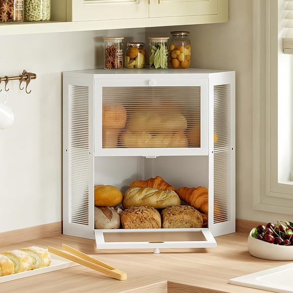 Corner Bread Box for Kitchen Countertop, Double Layer Bamboo Bread Storage Container, Large Farmhouse Bread box with Acrylic Wavy Door Panel, Under Cabinet Organizer (White, Extra Large)