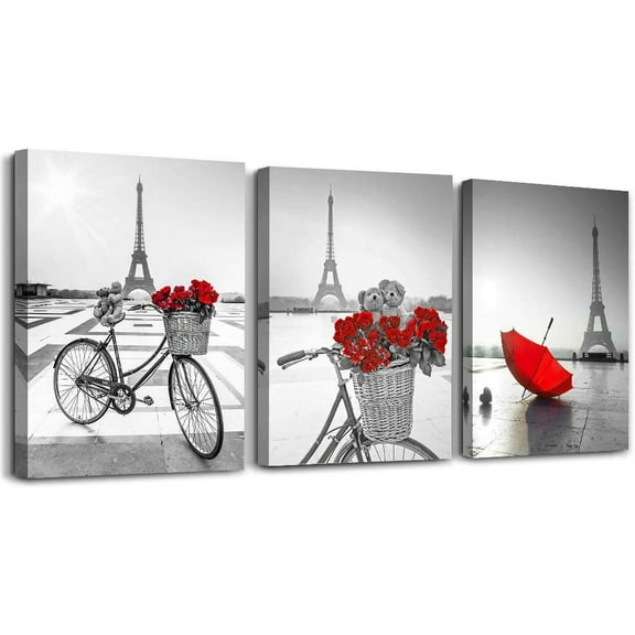 red Flowers 3 Piece Canvas Print Wall Art for Living Room Bathroom Decorations Bedroom Wall decor modern Eiffel Tower umbrella Office Home Decoration wall paintings Black and white bicycle landscape