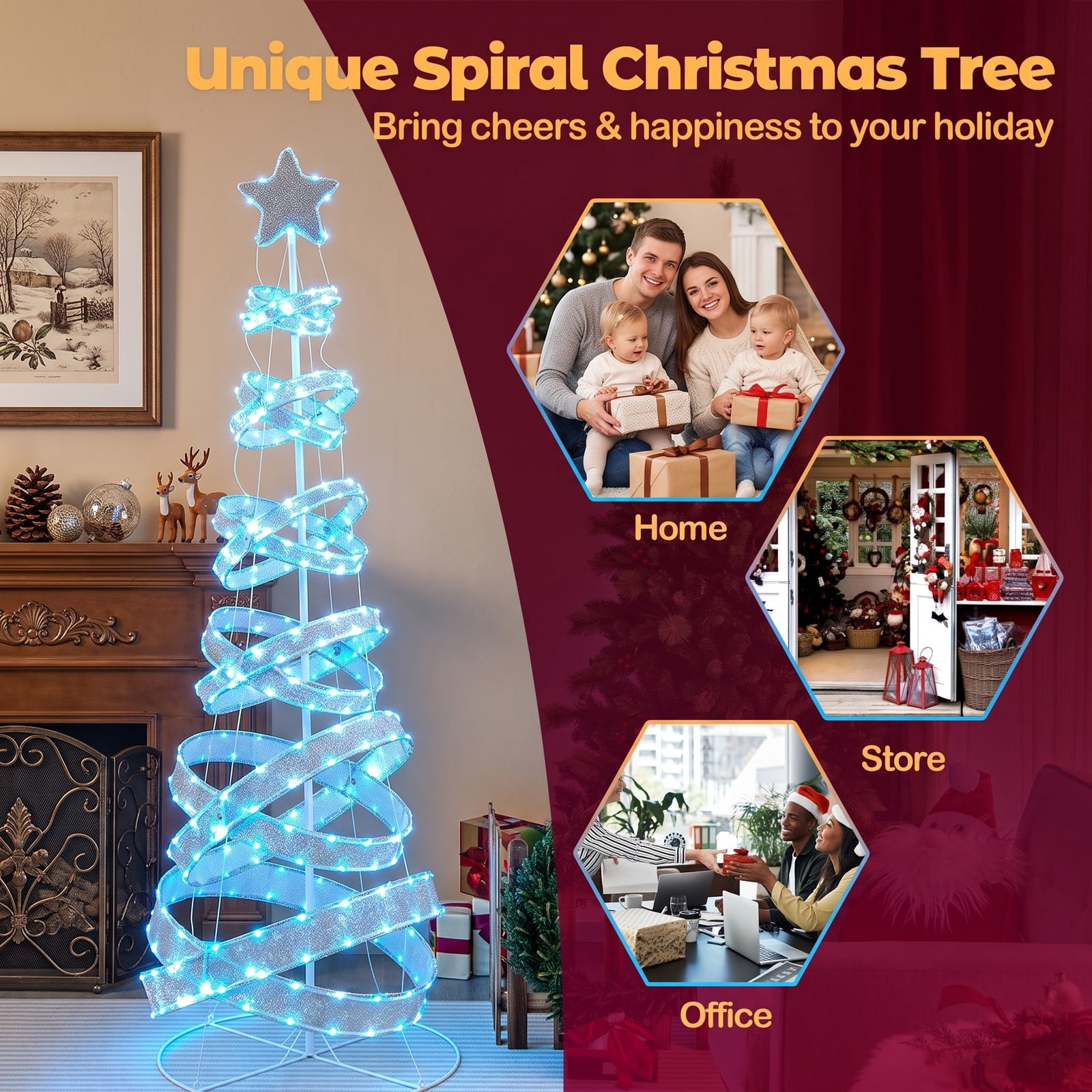 RUIE 7 FT Outdoor Spiral Christmas Tree with 341 LED Lights, 34 Lighting Modes Collapsible Metal Xmas Tree for Yard Party Holiday Decoration, White