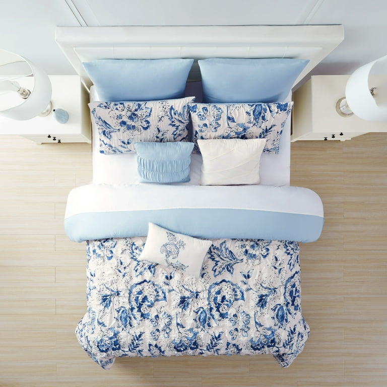 8-Piece Blue & White Floral Linen Essential Comforter Set, King
