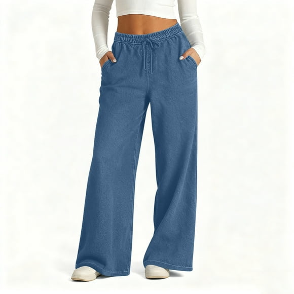 Yourumao Womens Baggy Jeans Elastic Drawstring Waisted Straight Leg Jeans High Waist Wide Leg Jeans Loose Pull On Denim Pants