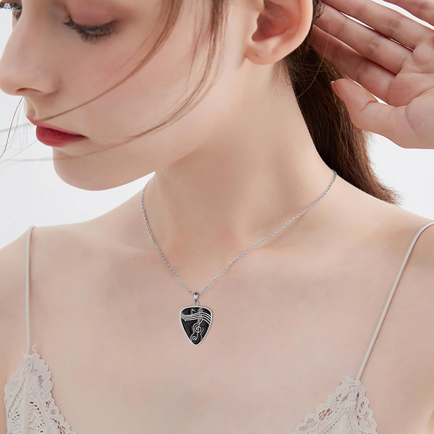 YAFEINI Guitar Pick Necklace 925 Sterling Silver Guitar Pick Holder Pendant Necklace Guitar with Music Note Pendant Jewelry for Women Men Music Lover