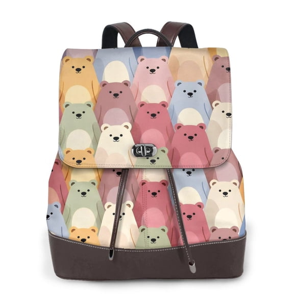 Cartoon Bear Pattern Women's Leather Backpack All-Over Print Bag for Work and Travel