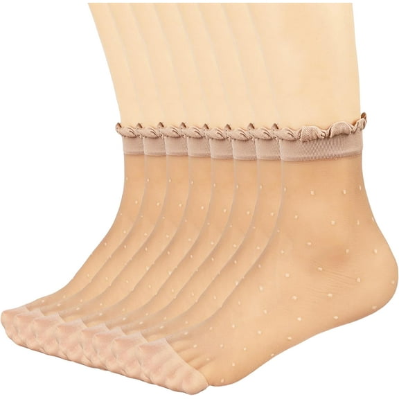 Zhengup 12 Pairs Women's Sheer Ruffled Socks Frilly Ankle High Nylon Stocking Summer Ultra Thin Cool Silk Dot Socks for Women Nude