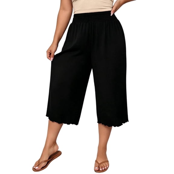 SAWOBUUN Women Plus Size High Waisted Wide Leg Capri Pants Elastic Waist Scallop Hem Trousers Casual Summer Lounge Pants