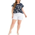 thumbnail image 2 of Agnes Orinda Women's Plus Size St. Patrick's Day Tops Floral Print Round Neck Lace Flared Short Sleeve Keyhole Back Blouse 2X Navy Blue, 2 of 6