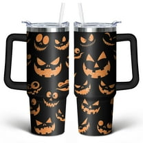 Halloween Emoji Orange Sequins 30 Oz Tumbler with Handle Lid and Straw, Stainless Steel Double Walled Vacuum Insulated Cup, Cute Birthday Gifts Tumbler for Women Men Friends