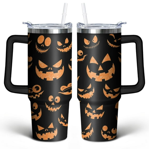 Halloween Emoji Orange Sequins 30 Oz Tumbler with Handle Lid and Straw, Stainless Steel Double Walled Vacuum Insulated Cup, Cute Birthday Gifts Tumbler for Women Men Friends