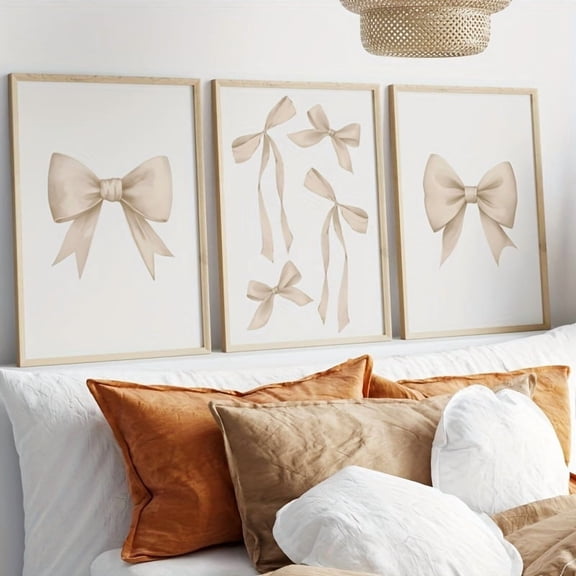 3pcs Beige Bow Pastel Poster Canvas Print Wall Art for Apartment Living Room Bedroom Decoration Thanksgiving Day Gifts