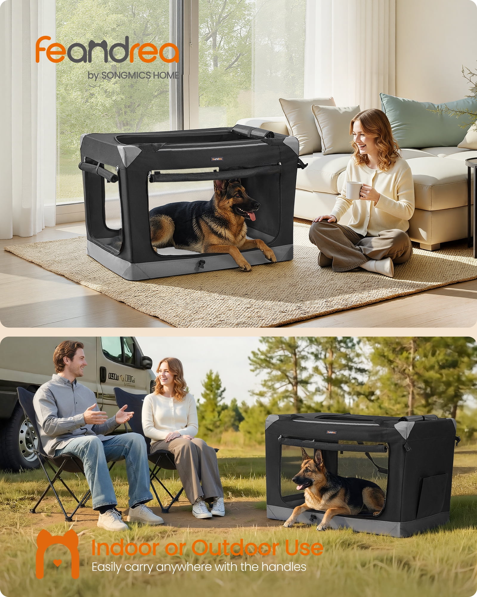 Feandrea Collapsible Dog Crate, Portable Oxford Fabric Pet Travel Crate with 4 Mesh Doors, Handles, Pockets, 42 Inches, for Large Dogs, Ink Black and Dove Gray