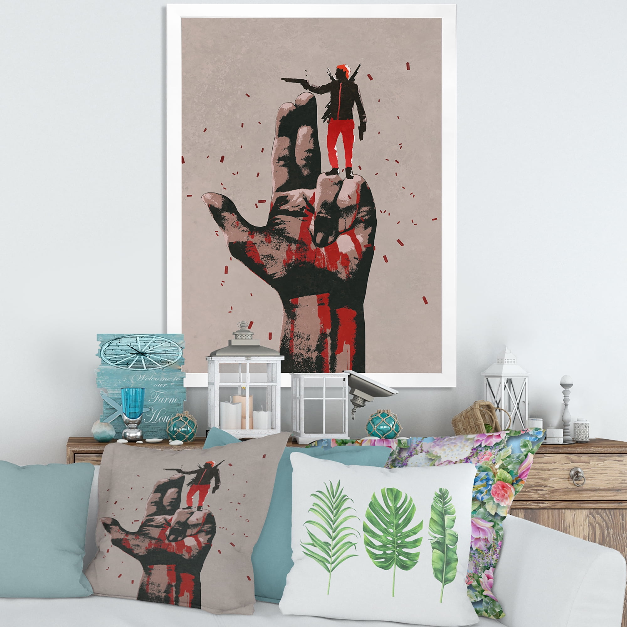 Designart 'Gun Hand Sign With Man Shooting Gun' Modern Framed Art Print