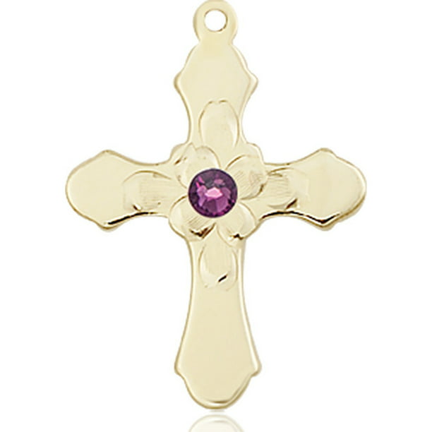 14kt Yellow Gold Cross Medal with 3mm February Purple Swarovski Crystal 7/8  x 5/8 inches