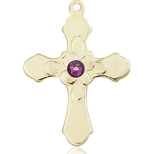 14kt Yellow Gold Cross Medal with 3mm February Purple Swarovski Crystal 7/8 x 5/8 inches 14kt Yellow Gold Cross Medal with 3mm February Purple Swarovski Crystal 7/8 x 5/8 inches
