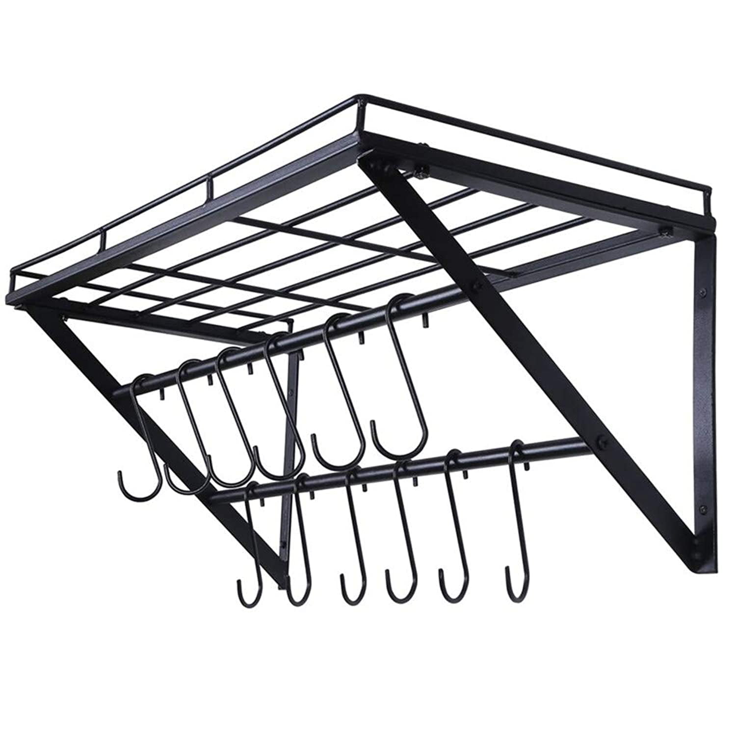 OROPY Wall Mounted Pot Rack Storage Shelf with Tier Hanging Rails 12 S  Hooks included, Ideal for Pans, Utensils, Cookware, Plant Black 