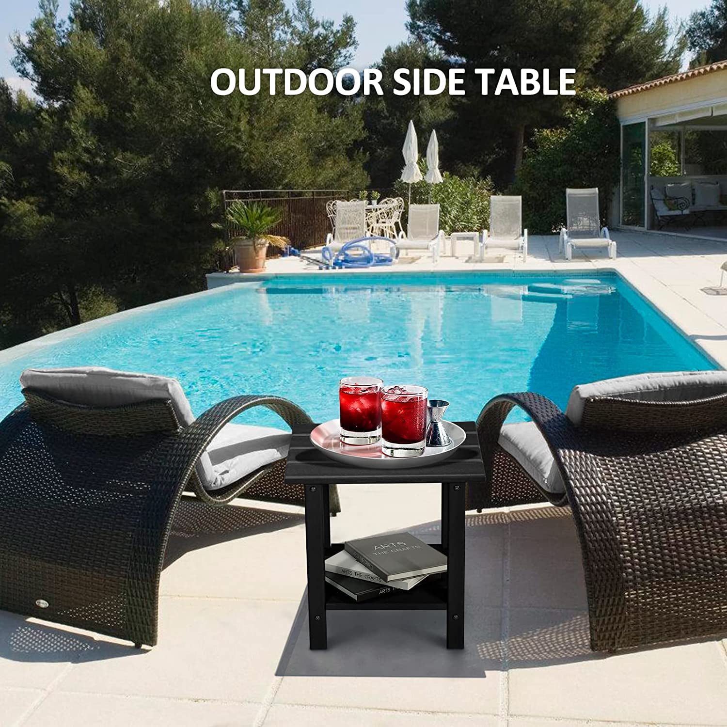 Nalone 2-Layer Outdoor Side Table, HDPE Weather-Resistant Adirondack for Living Room Bedroom, Outdoor Side Table, Patio End Table Outside-Black