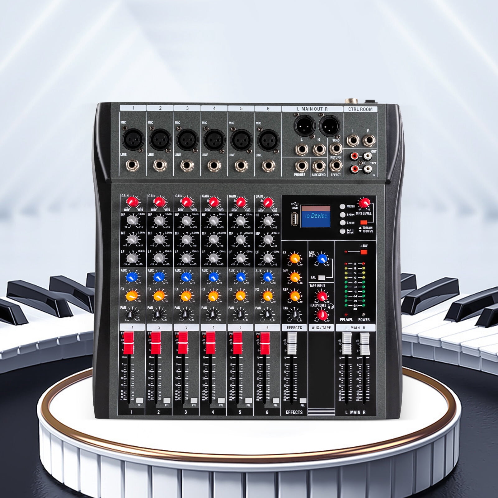 6 Channel Mixing Console Audio Mixer Bluetooth USB Audio Interface 48V Phantom Power Mixer Use for Stereo DJ Studio PC Recording Singing Webcast Party