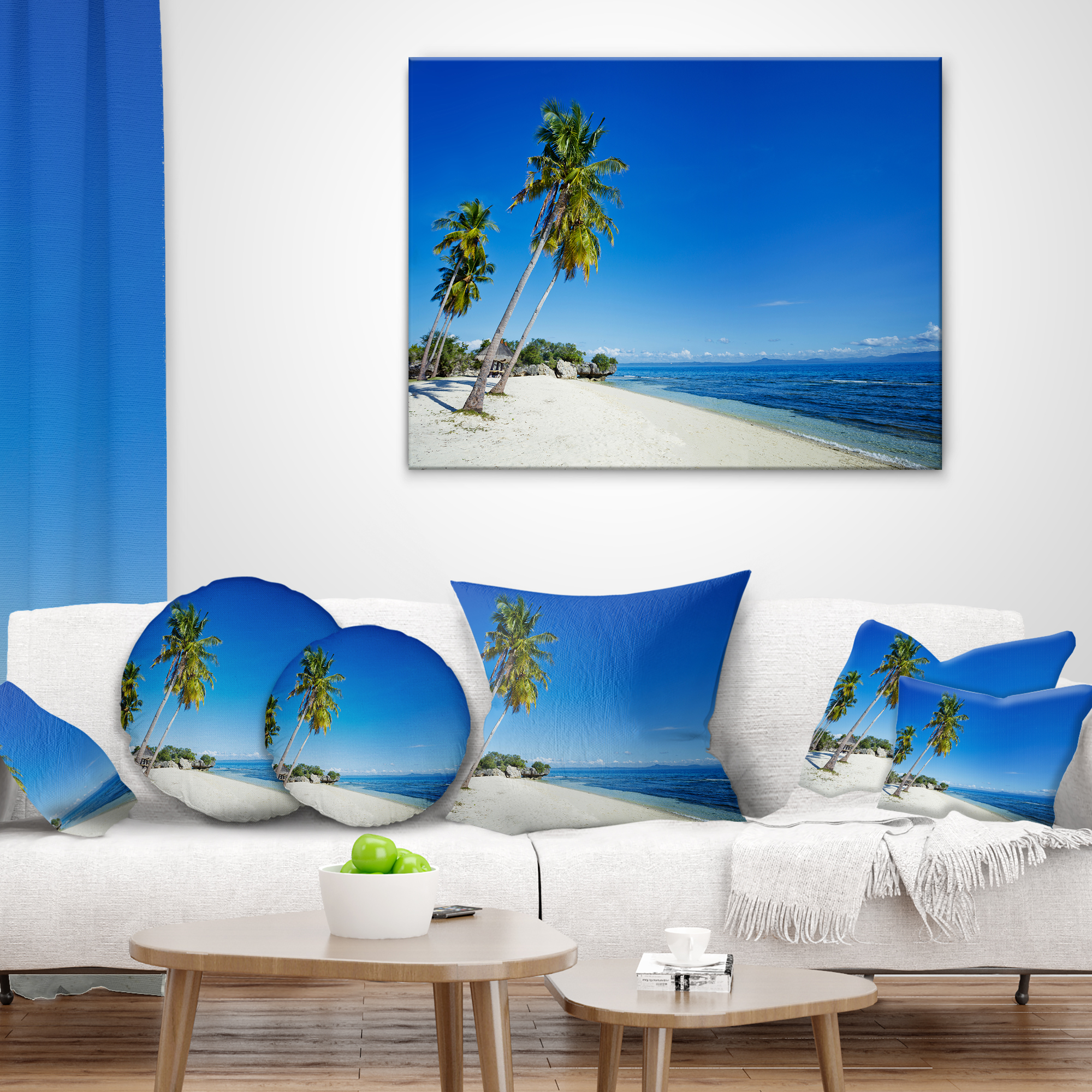 Designart Palms Bent to Beautiful Vacation Beach - Modern Seascape Throw Pillow - 18x18