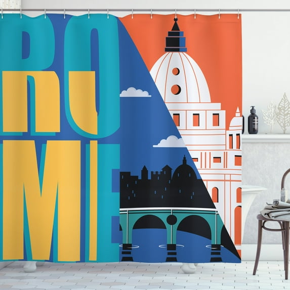 Italy Shower Curtain, Flat Design Style Illustration of Rome with Landscape and Historical Landmarks, Fabric Bathroom Set with Hooks, 69W X 75L Inches Long, Multicolor, by Ambesonne