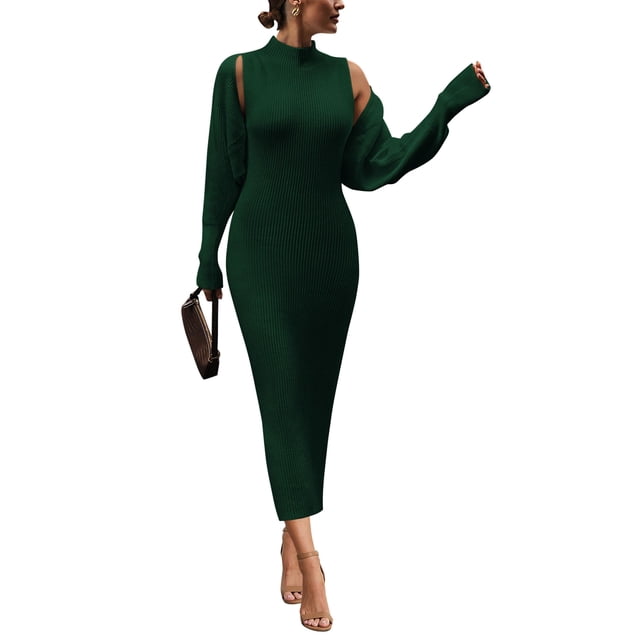 Conjunto de Vestido Maxi de Punto de Dos Piezas para Mujer PRETTYGARDEN Verde Oscuro Talla L