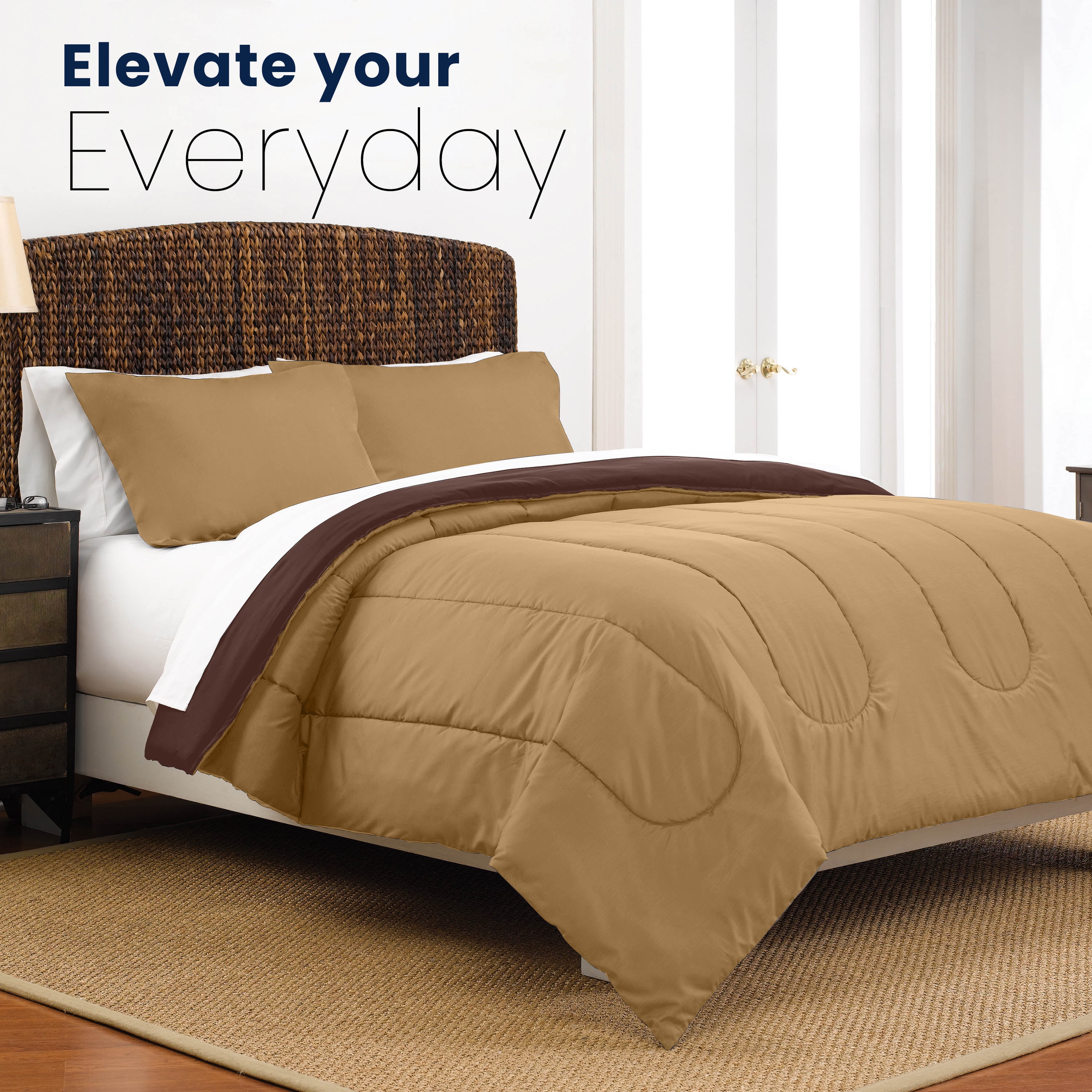 Martex 3-Piece King Reversible Comforter Set | Super Soft Lightweight | Khaki/Chocolate