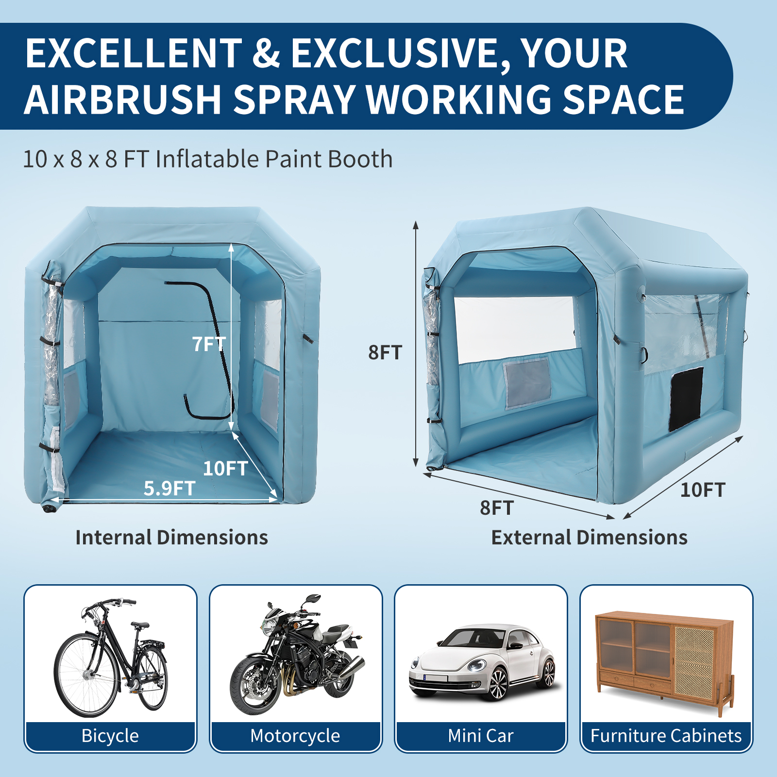 Inflatable Spray Paint Tent, Blue Portable Spray Shelter with 3-Layer HEPA Filtration & High-Speed Blower for Garage, Workshop, Car & Furniture