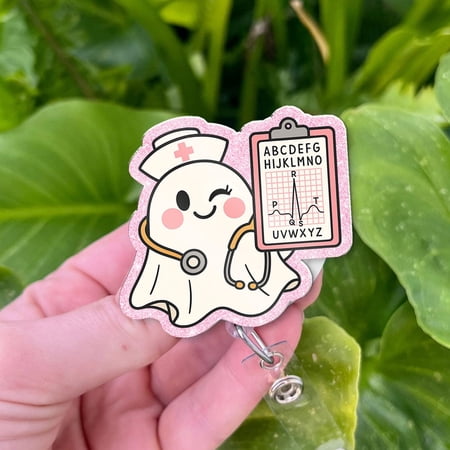 Cute Nurse Boo Badge Reel – Halloween ID Holder with EKG Chart, Funny Retractable Badge Clip for Healthcare Workers – Nurse Week Accessory
