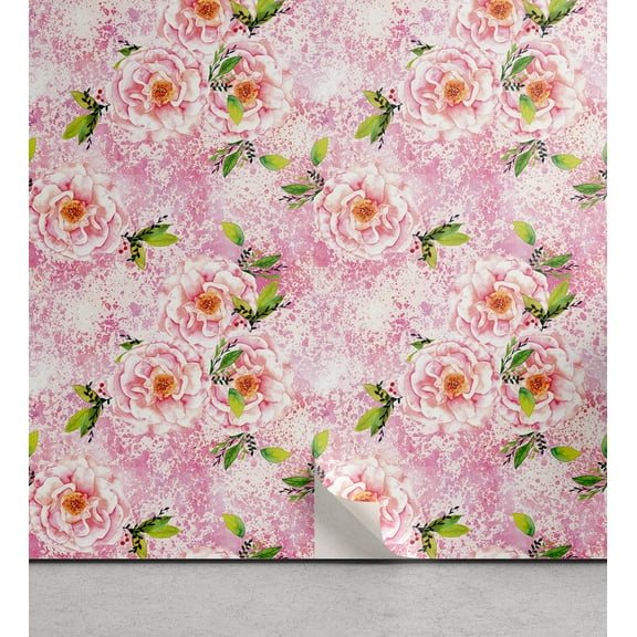 Ambesonne Floral Peel & Stick Wallpaper for Home, Roses Leaves Splashes Plot, 13"x36", Apple Green and Pastel Pink