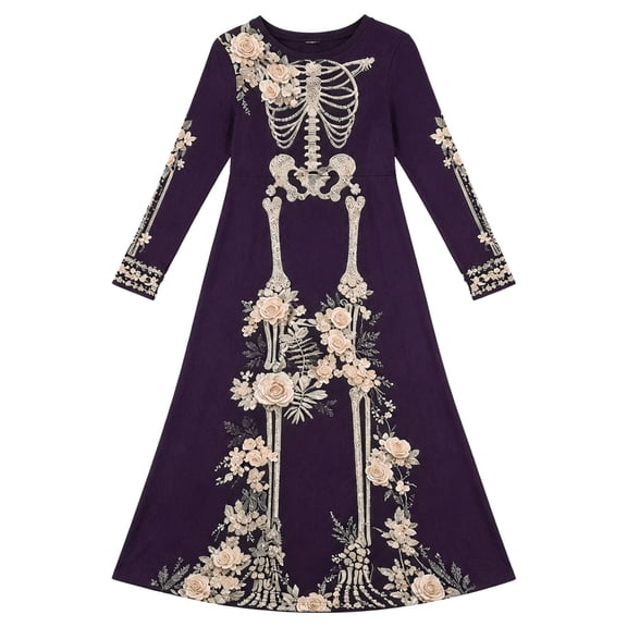 ZHOGXU Halloween Dresses For Women Skeleton Print Long Sleeves Crewneck Midi Dress Casual Fashion Dress,Dark Purple2,L