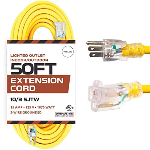 Iron Forge Cable 50 Foot Lighted Outdoor Extension Cord - 10/3 Sjtw Yellow 10 Gauge Extension Cable With 3 Prong Grounded Plug For Safety - Great For