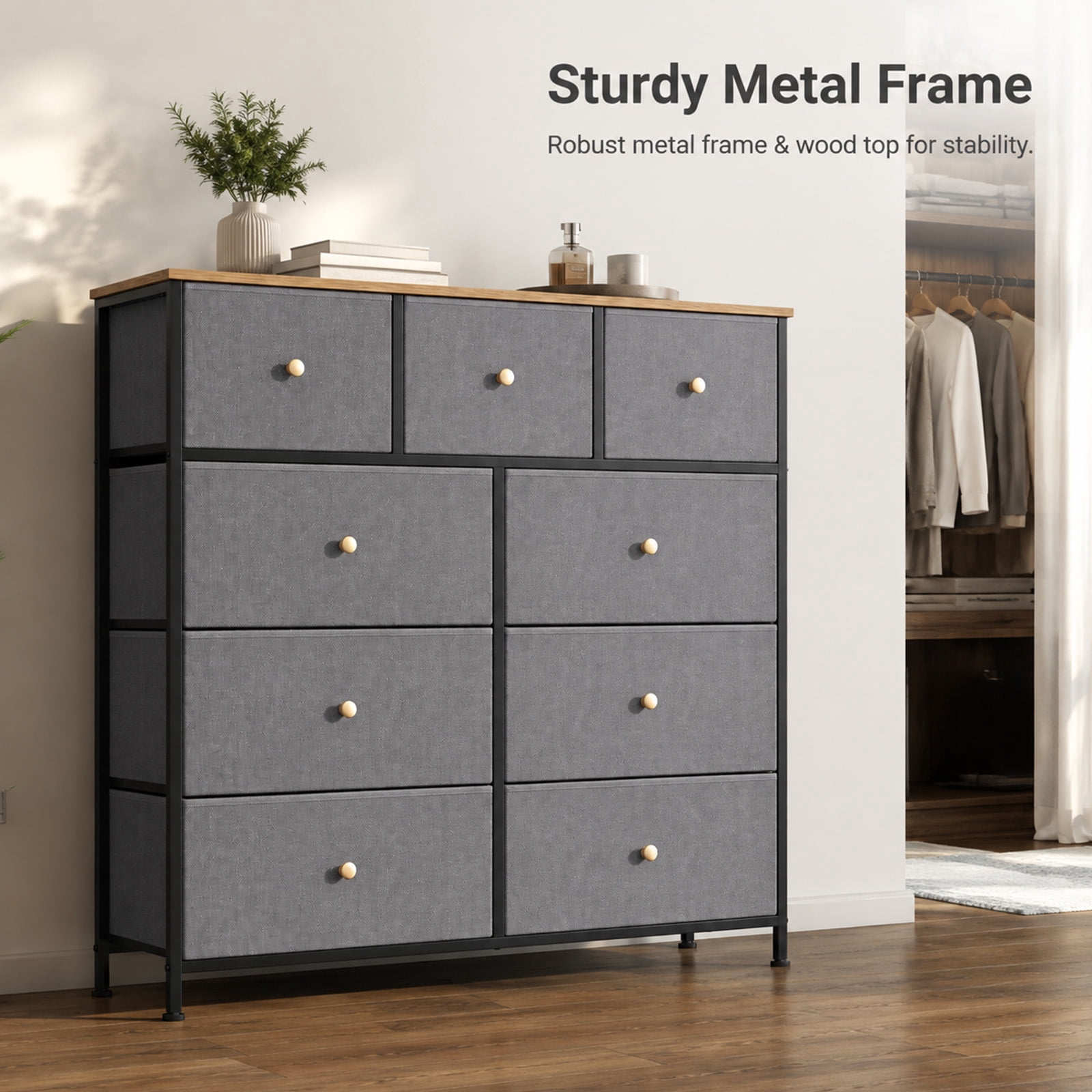 Alvantor 8/9 Drawer Fabric Dresser, Storage Tower for Bedroom and Closet, Chest of Drawers with Sturdy Steel Frame & Wooden Top for Living Room, Entryway