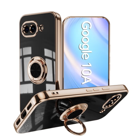 ELEHOLD for Google Pixel 10A Case , Slim Electroplated Frame Magnetic Compatible Car Mount Ring Kickstand Shockproof Anti-Scratch Cover, Black