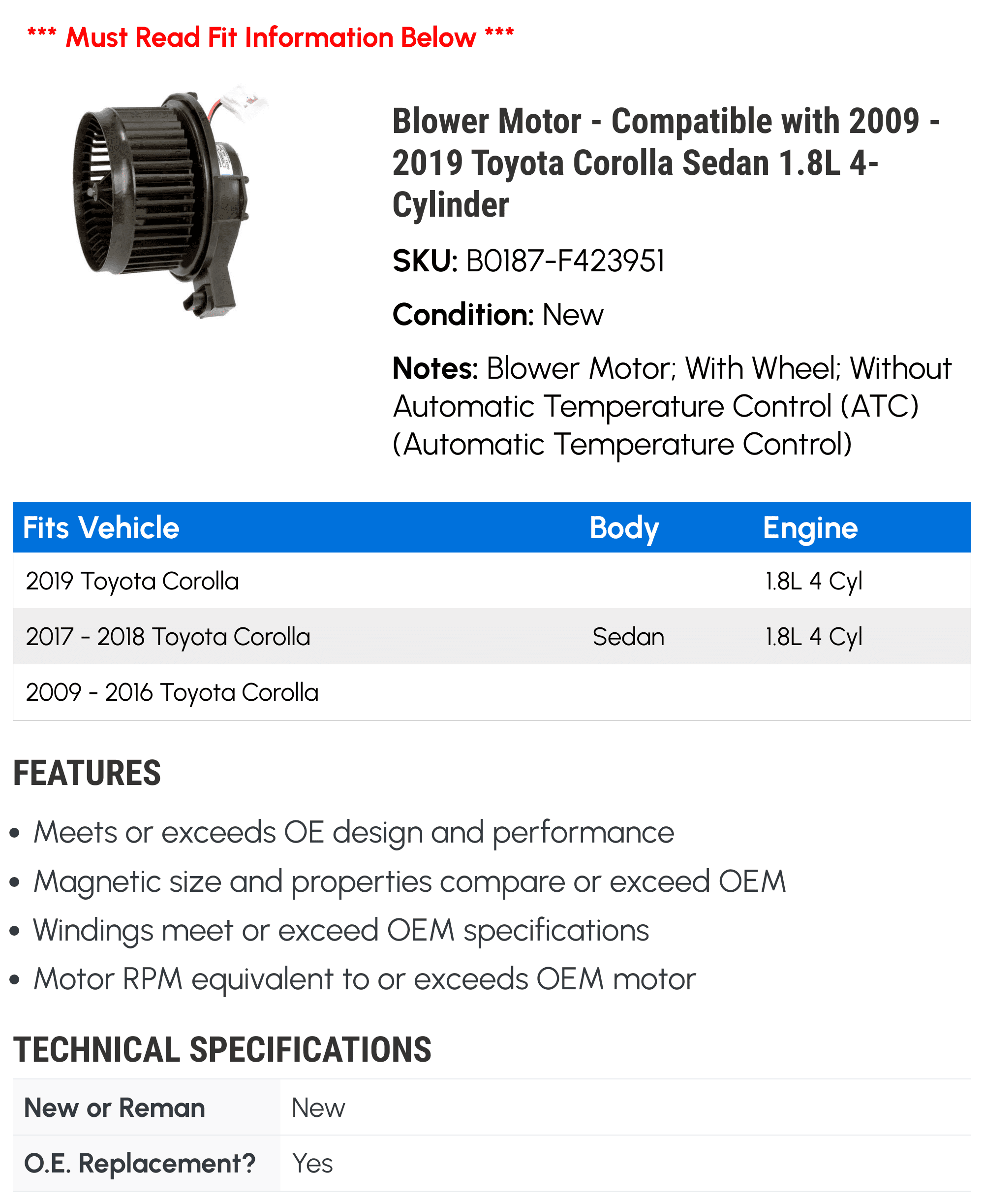 Blower Motor - Compatible with 2009 - 2019 Toyota Corolla Sedan 1.8L 4-Cylinder 2010 2011 2012 2013 2014 2015 2016 2017 2018