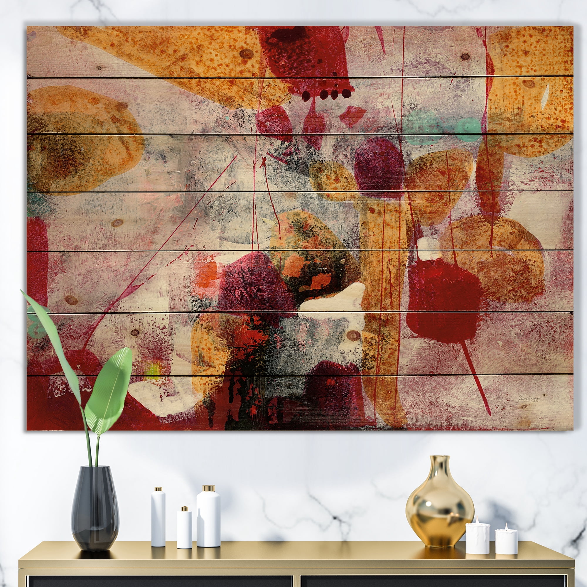 Designart 'Abstract Watercolor with Yellow and Red' Contemporary Print on Natural Pine Wood