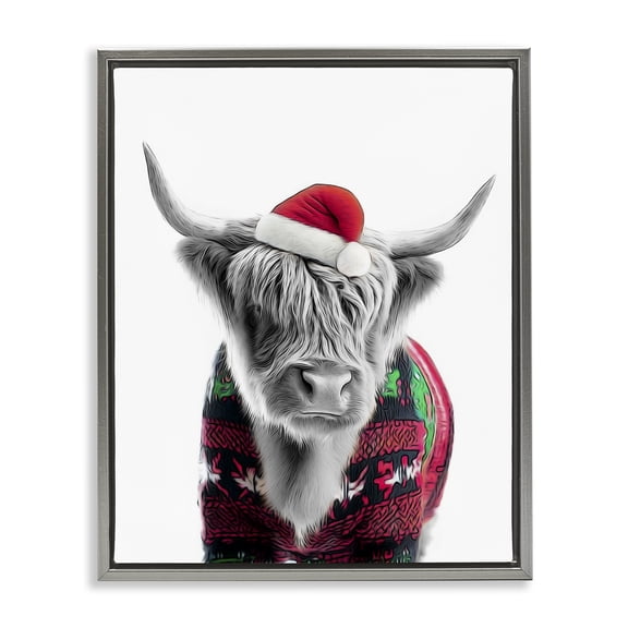 Stupell Industries Cottage Cow in Christmas Sweater Gray Floating Frame Canvas Art, 25 x 31, by Annalisa Latella