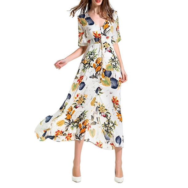 SAYOO Vestido bohemio femenino, estampado de flores de verano con cuello en V corto / media manga de una pieza para damas, S / M / L / XL / XXL SAYOO moda
