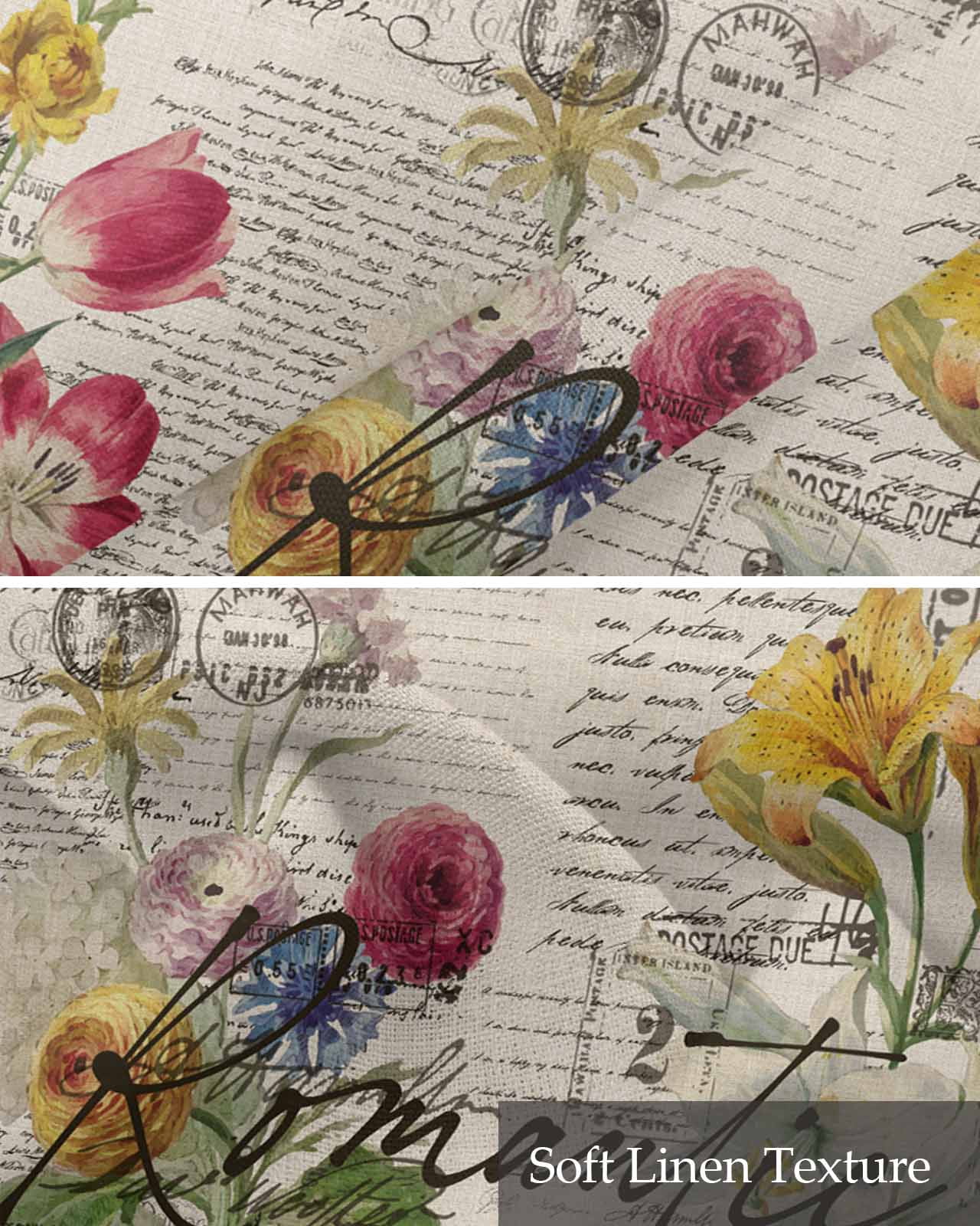 Beige Floral Linen Curtain Valance for Bedroom/Bathroom/Kitchen/Office/Living/Dining Room Window,Vintage Botanical Romantic Shabby Flowers Pocket Topper Drapes Decorative Cafe Drapery Panel 60"x18"