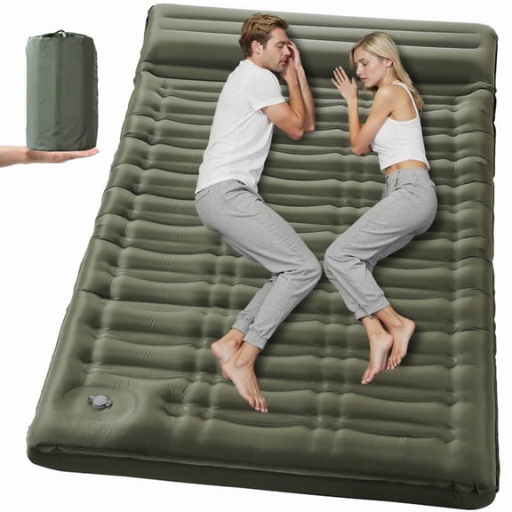 Aship 5.5" Thick Double Sleeping Pad, Inflatable Double Sleeping Mat Camping with Foot Pump & Pillow, 800 lbs Camping Mattress for Backpacking, Hiking, Traveling, Tent, 40D Nylon TPU Coating, Green