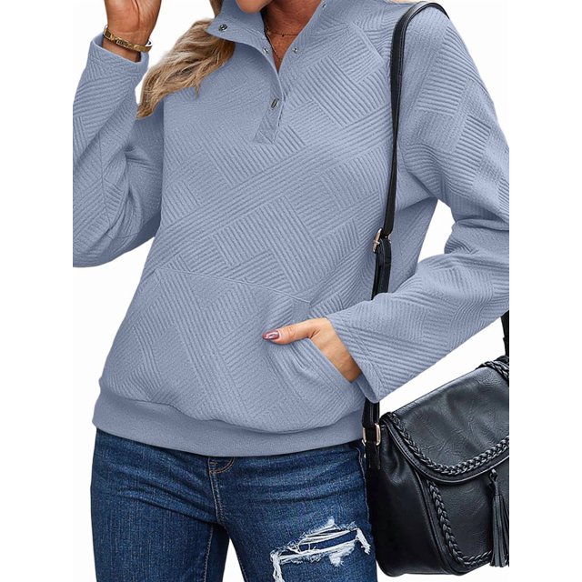 Womens Casual Textured Long Sleeve Henley Button V Neck Loose Pullover Trendy Fall Outfits Tops Light Blue S