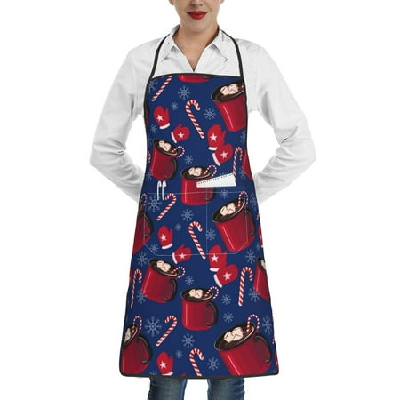

Qekee Hot Cocoa Snowflake Mittens Print Adjustable Bib Apron Resistant with Pocket Cooking Kitchen Aprons for Women Men Server Chef Apron