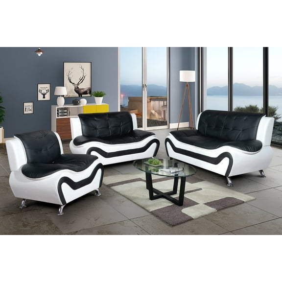 3 Piece Living Room Sofa Set, Sofa/Loveseat/Chair, Black & White Color, Faux Leather Upholstery Material, More color and Styles Available