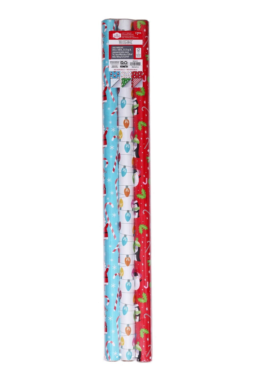 Holiday Time Christmas Reversible Gift Wrapping Paper 3 Roll Assortment