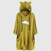 sebulube Women's Ear Hat Mid-length Blouse Mid-sleeve Cute Printed Hooded Loose Top