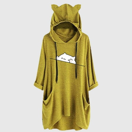 sebulube Women's Ear Hat Mid-length Blouse Mid-sleeve Cute Printed Hooded Loose Top