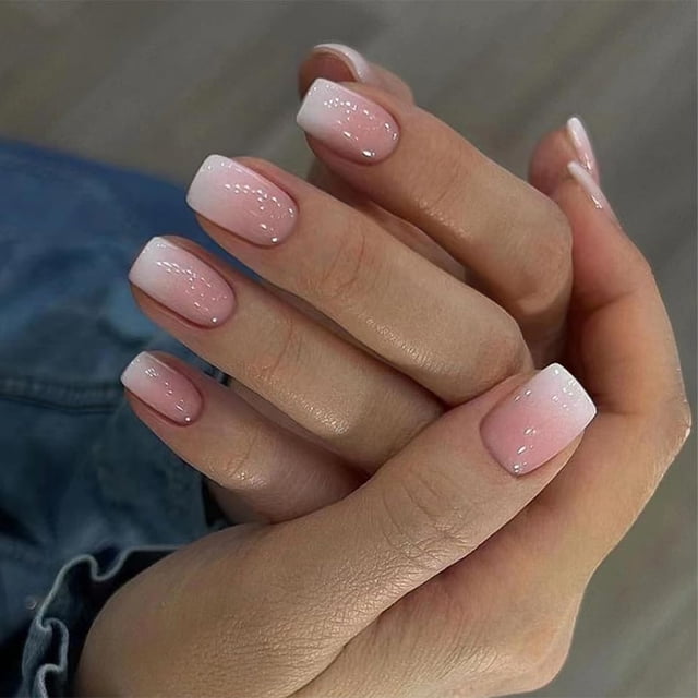 Uñas postizas adhesivas WAFOLOZE acrílicas ombré rosa y blanco, 24 piezas